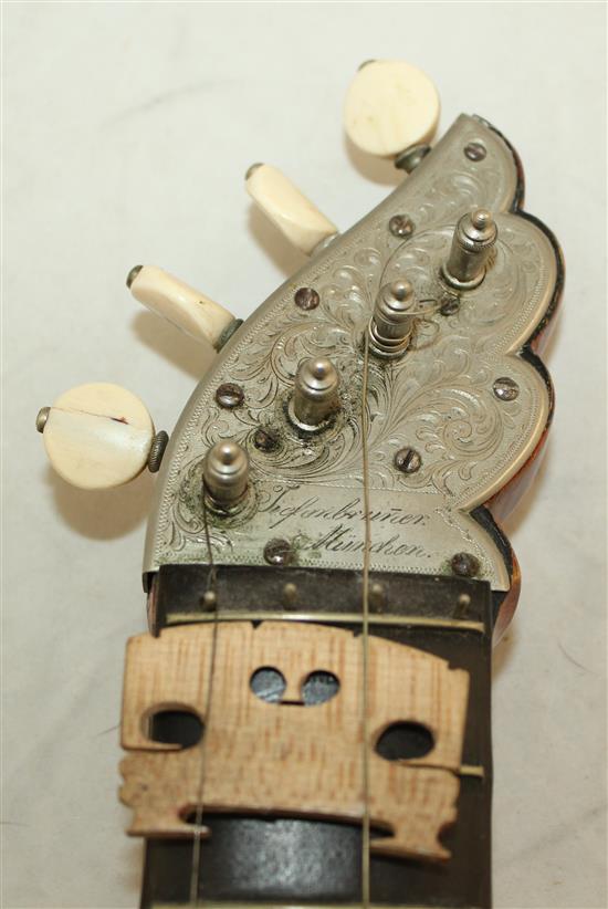 A German bowed zither, by Georg Tiefenbrunner of Munich, 22in.